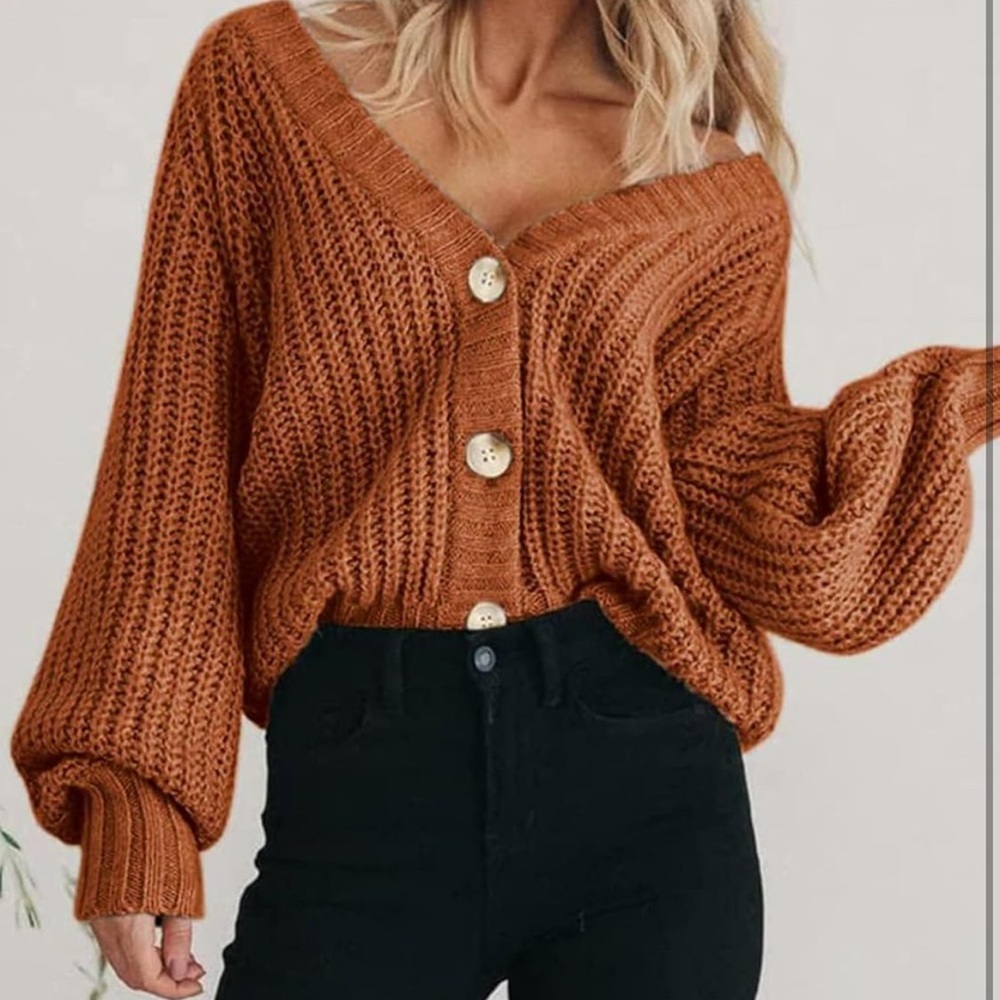 Oversized V-Neck Button Cardigan Sweater - Rust Orange - Picture 2 of 6